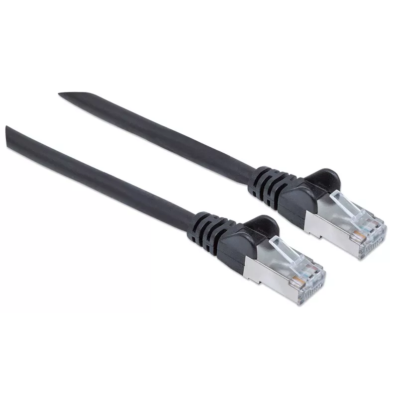 Intellinet tinklo jungiamasis laidas, Cat6A, 30 m, juodas, varis, S/FTP, LSOH / LSZH, PVC, RJ45, auksuoti kontaktai, su apsauga nuo užkliuvimo, su batais, viso gyvenimo garantija