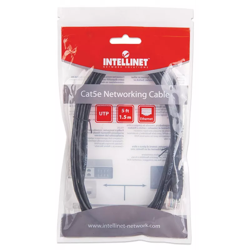 Intellinet tinklo jungiamasis laidas Cat5e, 1,5 m, juodas, CCA, U/UTP, PVC, RJ45, paauksuoti kontaktai, apsaugotas nuo užkliuvimo, su batu, viso gyvenimo garantija
