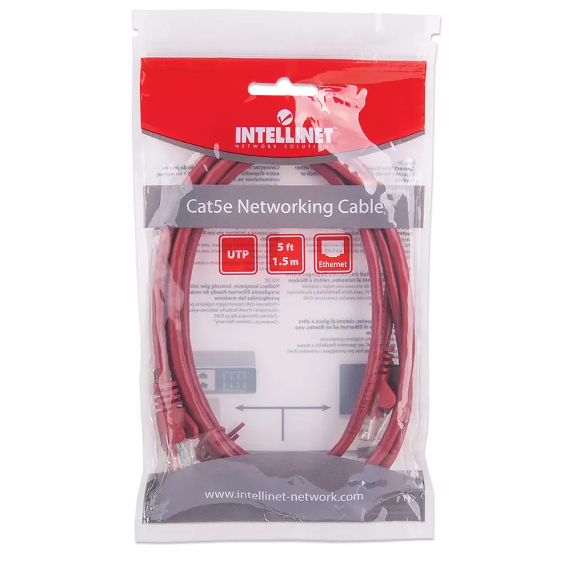 Intellinet tinklo jungiamasis kabelis, Cat5e, 1,5 m, raudonas, CCA, U/UTP, PVC, RJ45, paauksuoti kontaktai, be užkliuvimo, su apsauginiu gaubteliu, viso gyvenimo garantija