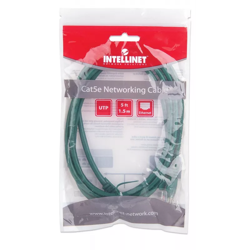 Intellinet tinklo jungiamasis laidas, Cat5e, 1,5 m, žalias, CCA, U/UTP, PVC, RJ45, paauksuoti kontaktai, apsaugotas nuo užkliuvimo, su gaubtuku, viso gyvenimo garantija