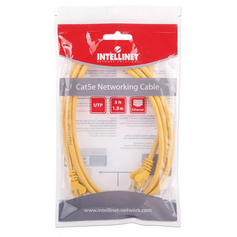 Intellinet tinklo jungiamasis laidas, Cat5e, 1,5 m, geltonas, CCA, U/UTP, PVC, RJ45, paauksuoti kontaktai, su apsauga nuo užkabinimo, su batu, viso gyvenimo garantija