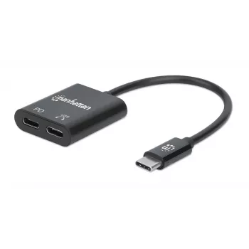 Manhattan USB-C garso adapteris su USB-C (įskaitant Power Delivery), juodas, 480 Mbps (USB 2.0), kabelis 11 cm, su Power Delivery USB-C prievadui (60 W), trejų metų garantija