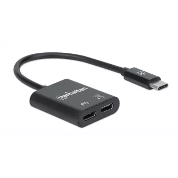Manhattan USB-C garso adapteris su USB-C (įskaitant Power Delivery), juodas, 480 Mbps (USB 2.0), kabelis 11 cm, su Power Delivery USB-C prievadui (60 W), trejų metų garantija