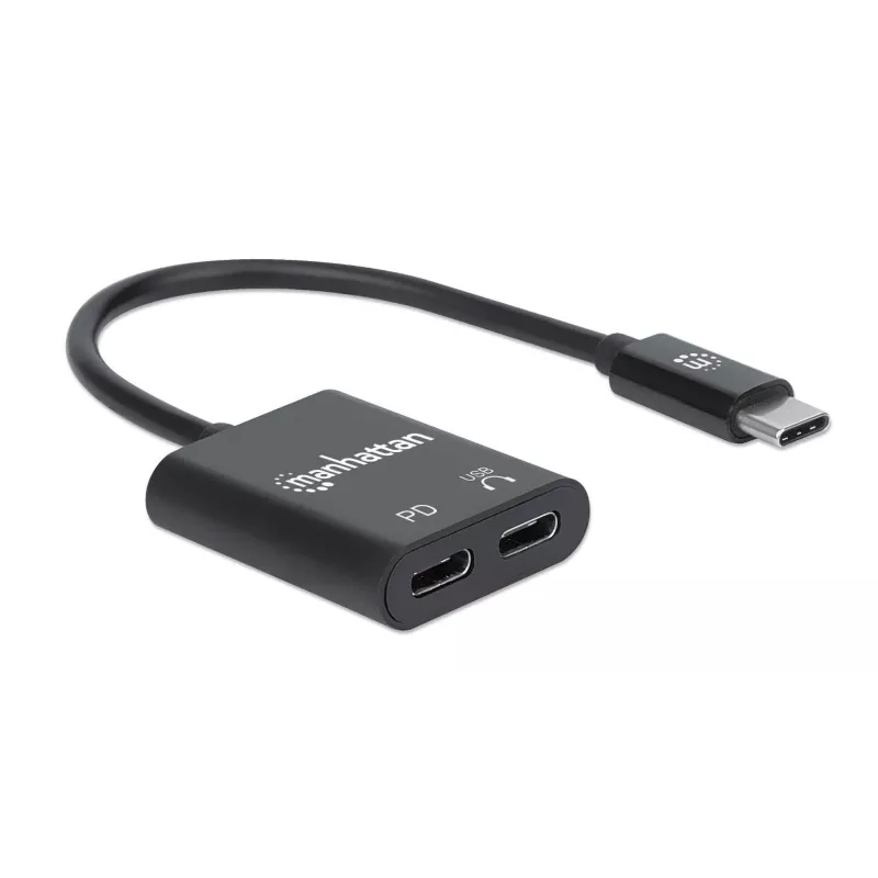 Manhattan USB-C garso adapteris su USB-C (įskaitant Power Delivery), juodas, 480 Mbps (USB 2.0), kabelis 11 cm, su Power Delivery USB-C prievadui (60 W), trejų metų garantija