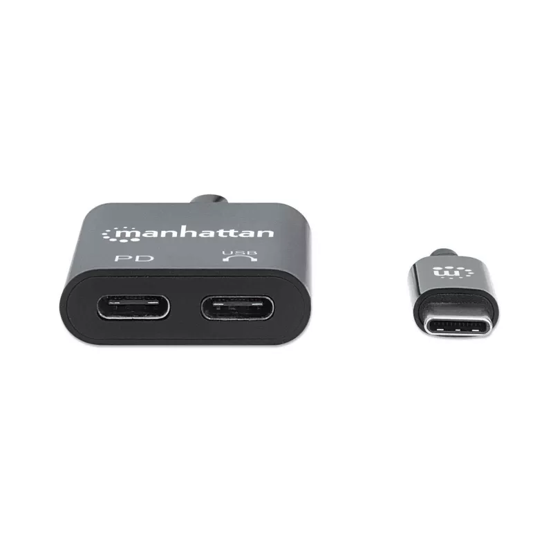 Manhattan USB-C garso adapteris su USB-C (įskaitant Power Delivery), juodas, 480 Mbps (USB 2.0), kabelis 11 cm, su Power Delivery USB-C prievadui (60 W), trejų metų garantija
