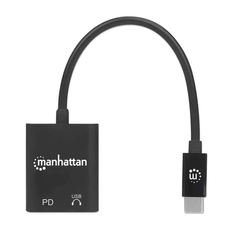 Manhattan USB-C garso adapteris su USB-C (įskaitant Power Delivery), juodas, 480 Mbps (USB 2.0), kabelis 11 cm, su Power Delivery USB-C prievadui (60 W), trejų metų garantija