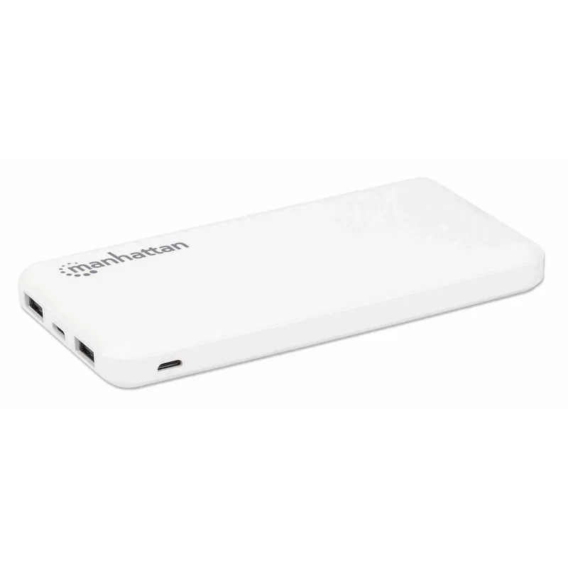 Manhattan Power Bank 10000 mAh, 2x USB-A (2.1A ir 1A), USB-C ir Micro-USB įėjimai, balta