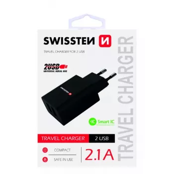 Maitinimo adapteris SWISSTEN Travel Charger SW-21A105W-BK, 2×USB, 2,1A prievade (10,5 W bendra)