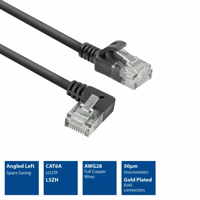 ACT Black 2 m U/UTP CAT6A LSZH plonas pataisymo laidas su RJ45 jungtimis 90° kampu į kairę ir tiesia