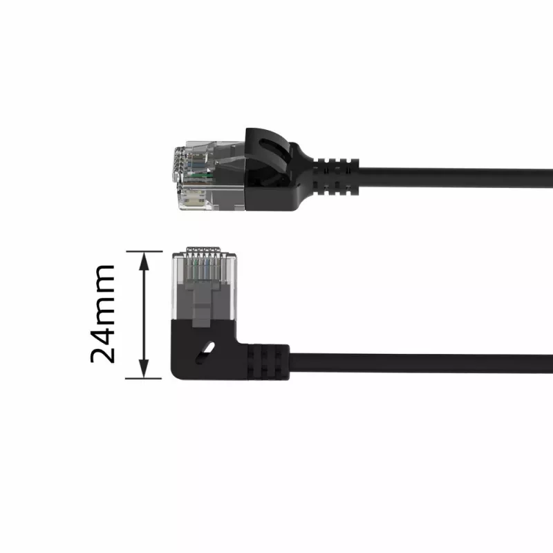 ACT Black 2 m U/UTP CAT6A LSZH plonas pataisymo laidas su RJ45 jungtimis 90° kampu į kairę ir tiesia