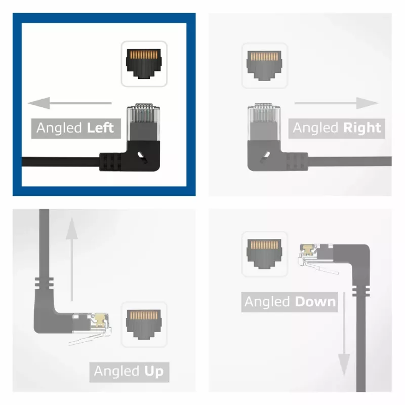 ACT Black 2 m U/UTP CAT6A LSZH plonas pataisymo laidas su RJ45 jungtimis 90° kampu į kairę ir tiesia