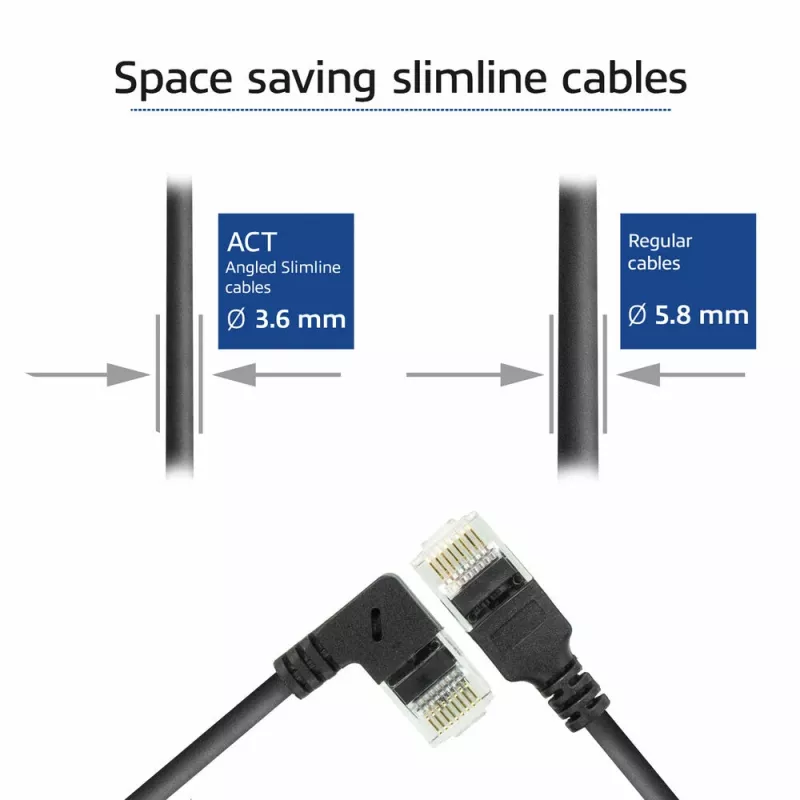 ACT Black 1 m U/UTP CAT6A LSZH plonas pataisinis kabelis su RJ45 jungtimis 90° kampu dešinėn ir tiesia