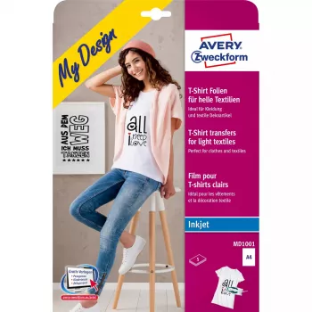 Perkeliamosios spaudos lakštai drabužiams Avery Zweckform MD1001 — polipropilenas A4 210×297 mm, balti, šviesiems audiniams, pakuotė po 5