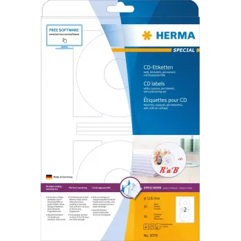 CD etiketės HERMA A4 Ø 116 mm balta matinė nepermatoma 50 vnt.
