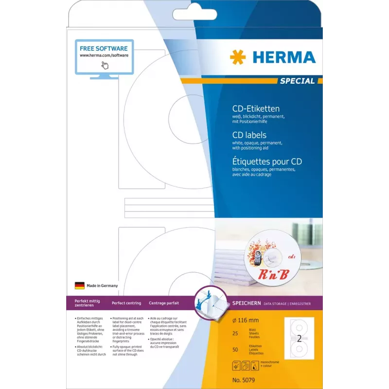CD etiketės HERMA A4 Ø 116 mm balta matinė nepermatoma 50 vnt.