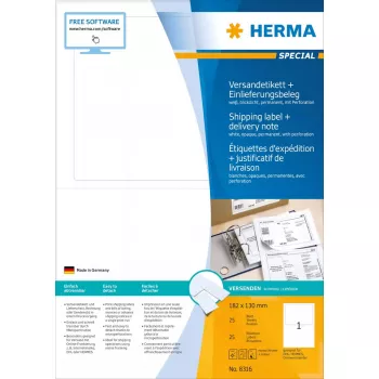 HERMA 8316 Siuntos etiketė su pristatymo raštu A4 182 x 130 mm, 25 lapų