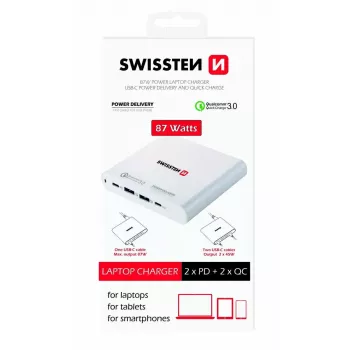 Kroviklis kelioninis SWISSTEN SW-TCH-87W-PD30-QC30-W — 87 W, PD 3.0, QC 3.0, išmaniesiems telefonams ir nešiojamiesiems kompiuteriams