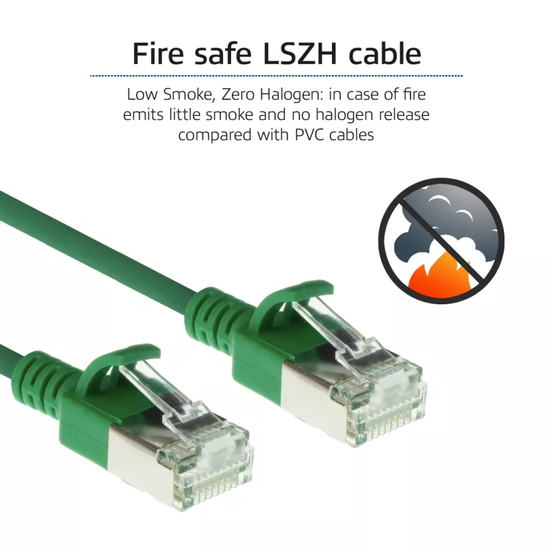 ACT Green 3 metrų LSZH U/FTP CAT6A plonas duomenų centro pataisos kabelis su apsauga nuo užkabinimo ir RJ45 jungtimis