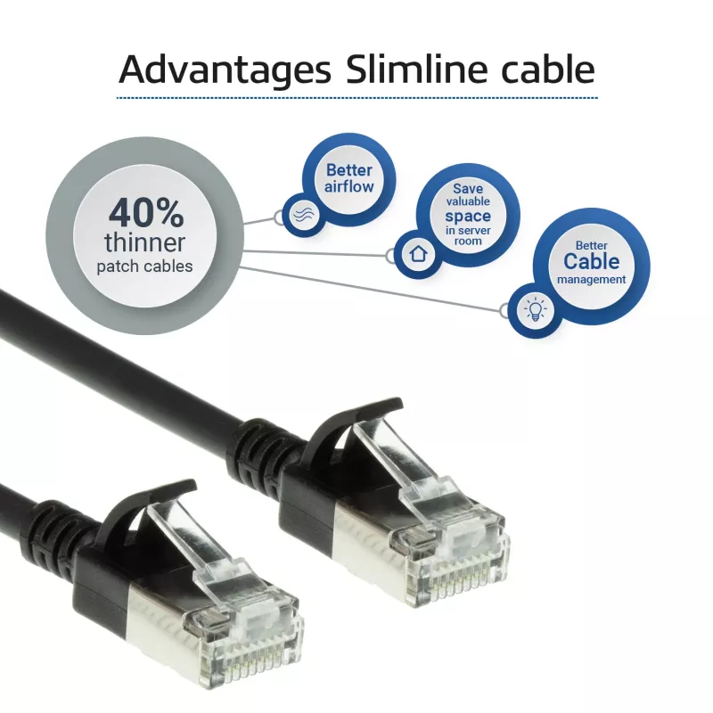 ACT Black 1 m LSZH U/FTP CAT6A plonas duomenų centro pataisos laidas su apsauga nuo užkabinimo, RJ45 jungtimis