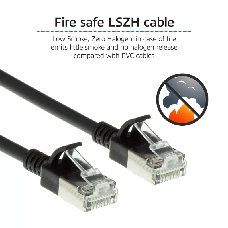 ACT Black 1 m LSZH U/FTP CAT6A plonas duomenų centro pataisos laidas su apsauga nuo užkabinimo, RJ45 jungtimis