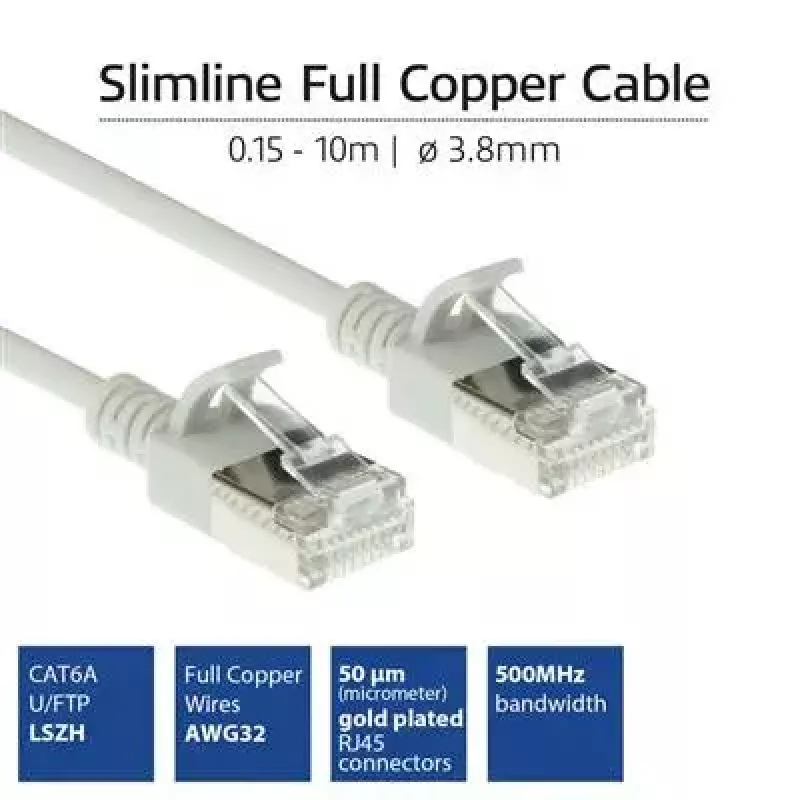 ACT pilka 10 m LSZH U/FTP CAT6A plonas duomenų centro pataisinis kabelis su apsauga nuo užkabinimo ir RJ45 jungtimis