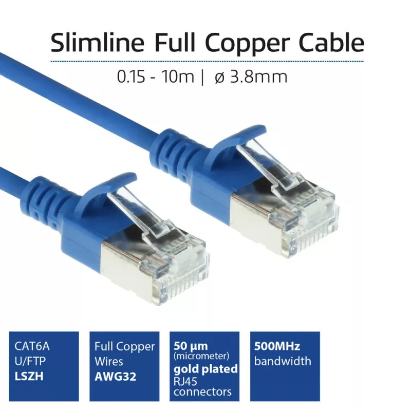 ACT Blue 7 m LSZH U/FTP CAT6A plonas duomenų centro pataisos laidas su apsauga nuo užkabinimo ir RJ45 jungtimis