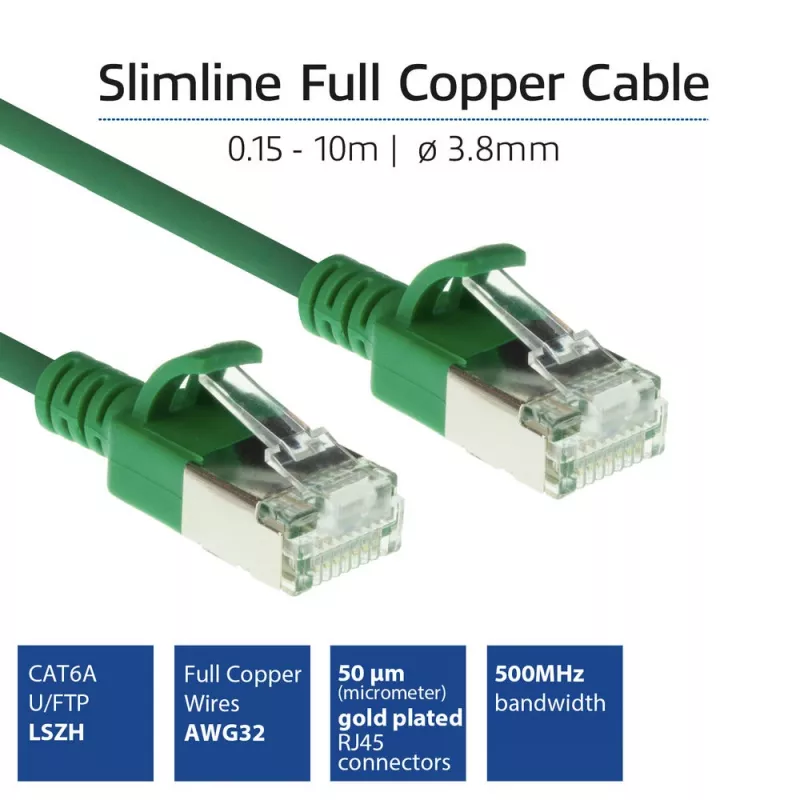 ACT Green 7 m LSZH U/FTP CAT6A plonas duomenų centro pataisos kabelis su apsauga nuo užkliuvimo ir RJ45 jungtimis