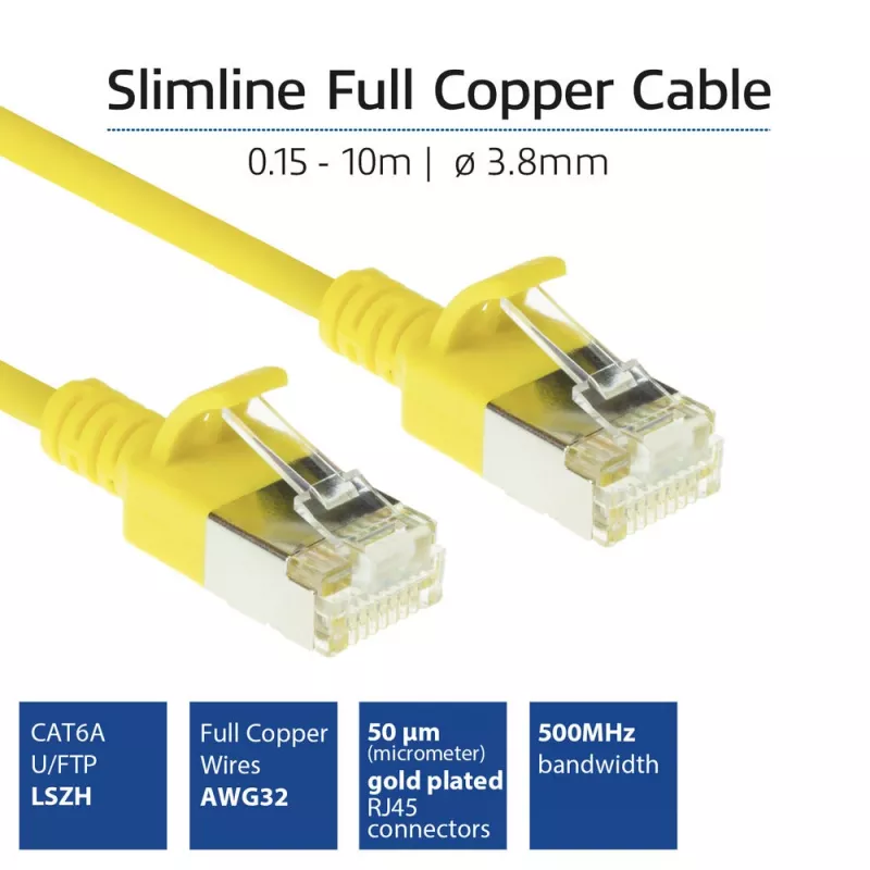 ACT Yellow 10m LSZH U/FTP CAT6A plonas duomenų centro pataisinis kabelis su apsauga nuo užkabinimo ir RJ45 jungtimis