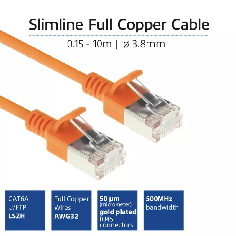 ACT Orange 5 metrų LSZH U/FTP CAT6A duomenų centro plonas pataisinis kabelis su apsaugotais RJ45 kištukais