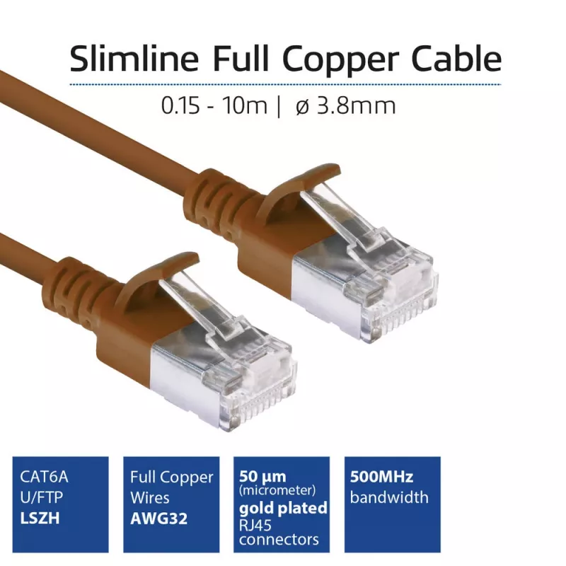 ACT Brown 1 m LSZH U/FTP CAT6A plonas duomenų centro pataisos laidas su apsauga nuo užkliuvimo ir RJ45 jungtimis