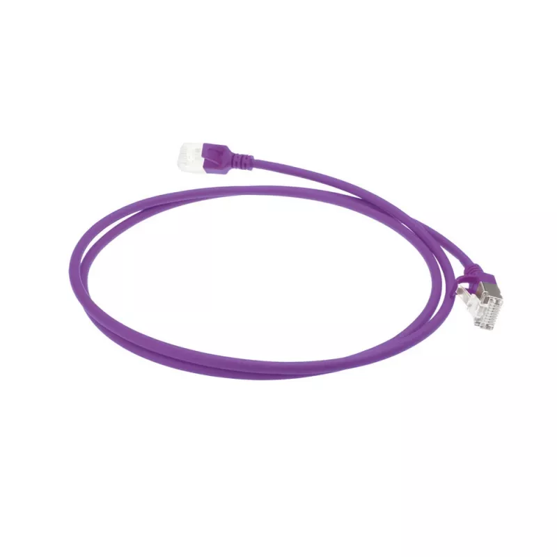 ACT Purple 1 m LSZH U/FTP CAT6A plonas duomenų centro pataisinis kabelis su apsauga nuo užkliuvimo ir RJ45 jungtimis