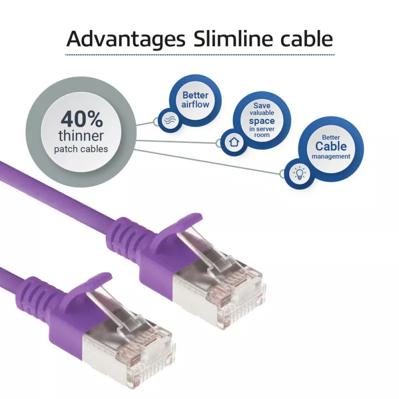 ACT Purple 1 m LSZH U/FTP CAT6A plonas duomenų centro pataisinis kabelis su apsauga nuo užkliuvimo ir RJ45 jungtimis