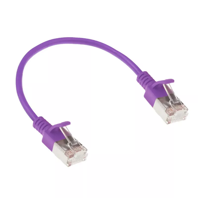 ACT Purple 0.15 m LSZH U/FTP CAT6A plonas lizdinis pataisinis kabelis su apsauginiais RJ45 jungtimis
