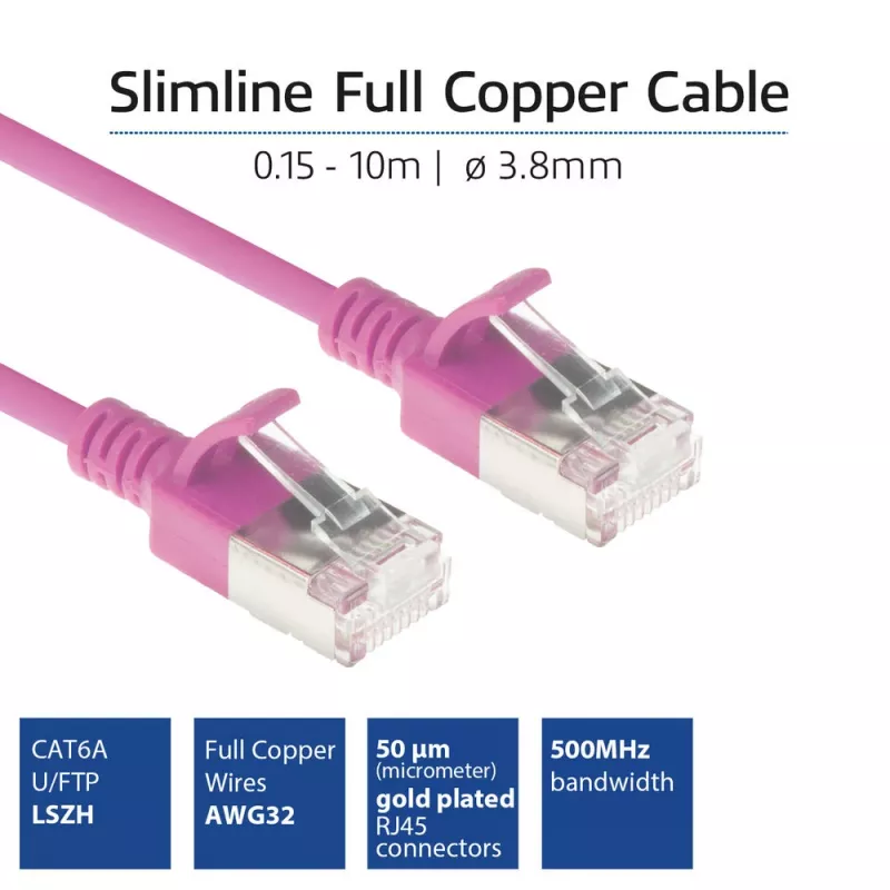 ACT Pink 0,15 m LSZH U/FTP CAT6A duomenų centro plonas pataisinis kabelis su RJ45 jungtimis