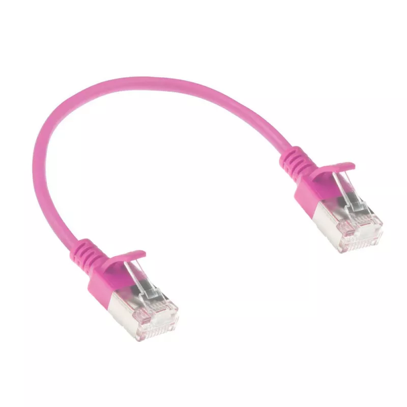 ACT Pink 0,25 m LSZH U/FTP CAT6A plonas duomenų centro pataisinis kabelis su apsauga nuo užkabinimo ir RJ45 jungtimis