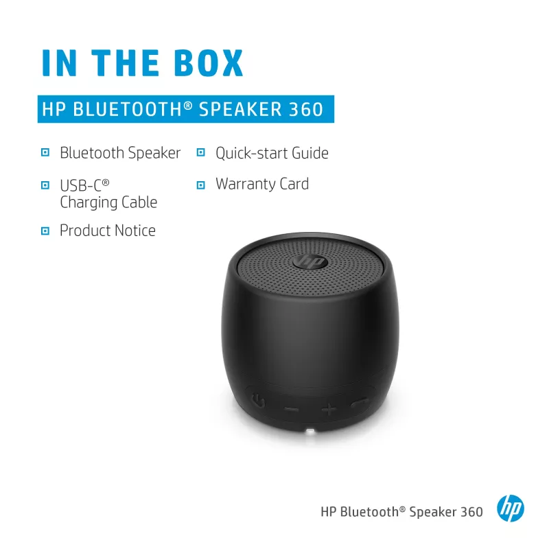 HP Black Bluetooth Speaker 360, belaidis ir laidinis, nešiojamas monogarsiakalbis, juodas, cilindro formos, mygtukai, universalus