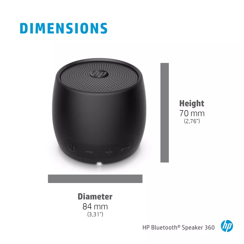 HP Black Bluetooth Speaker 360, belaidis ir laidinis, nešiojamas monogarsiakalbis, juodas, cilindro formos, mygtukai, universalus