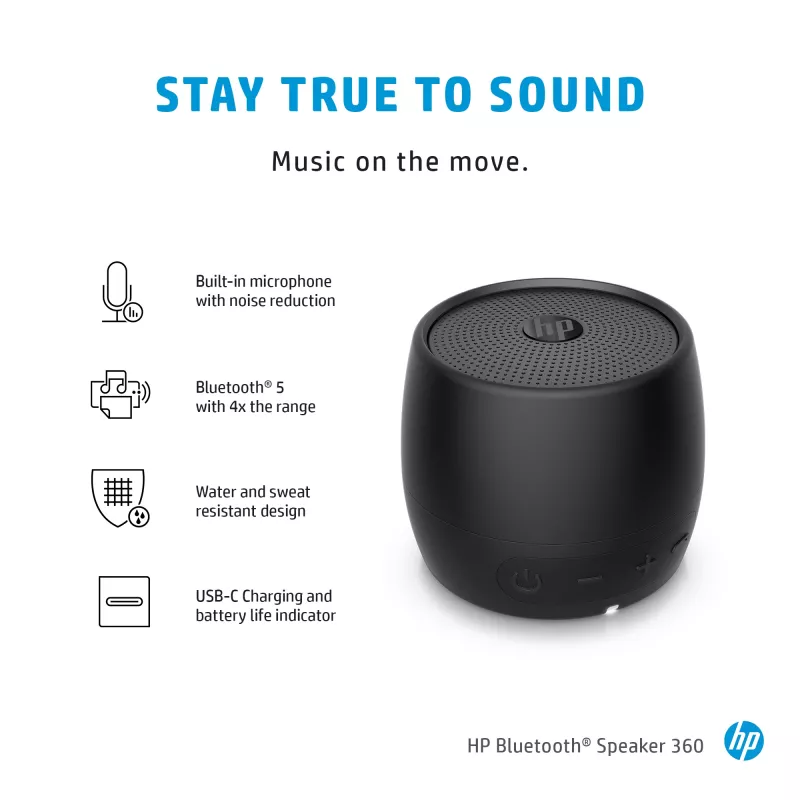 HP Black Bluetooth Speaker 360, belaidis ir laidinis, nešiojamas monogarsiakalbis, juodas, cilindro formos, mygtukai, universalus
