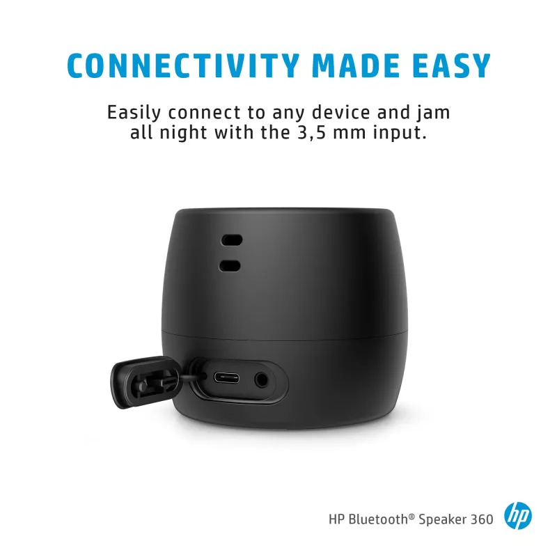 HP Black Bluetooth Speaker 360, belaidis ir laidinis, nešiojamas monogarsiakalbis, juodas, cilindro formos, mygtukai, universalus