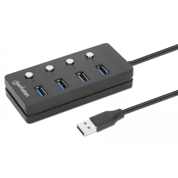 Manhattan 4 prievadų USB 3.0 šakotuvas su USB-C jungtimi ir atskirais jungikliais, 5 Gbps, juodas