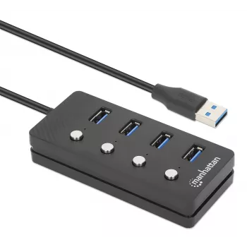 Manhattan 4 prievadų USB 3.0 šakotuvas su USB-C jungtimi ir atskirais jungikliais, 5 Gbps, juodas