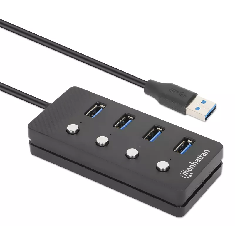 Manhattan 4 prievadų USB 3.0 šakotuvas su USB-C jungtimi ir atskirais jungikliais, 5 Gbps, juodas