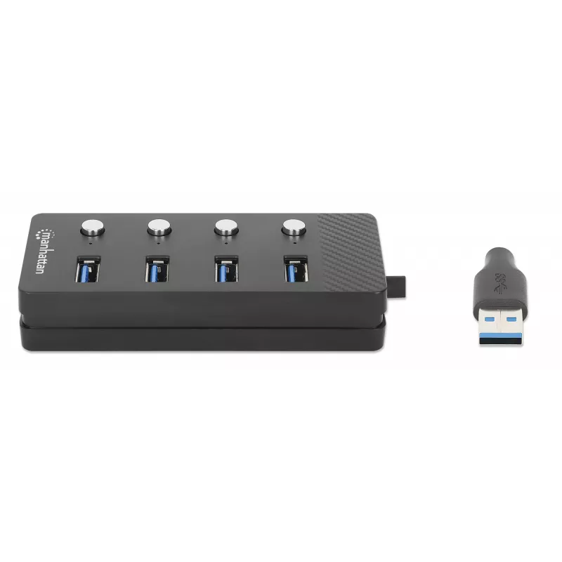 Manhattan 4 prievadų USB 3.0 šakotuvas su USB-C jungtimi ir atskirais jungikliais, 5 Gbps, juodas
