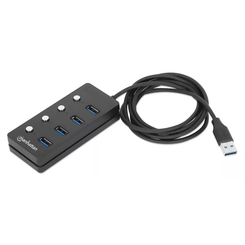 Manhattan 4 prievadų USB 3.0 šakotuvas su USB-C jungtimi ir atskirais jungikliais, 5 Gbps, juodas