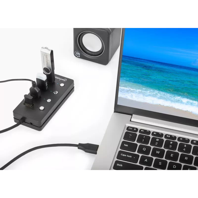 Manhattan 4 prievadų USB 3.0 šakotuvas su USB-C jungtimi ir atskirais jungikliais, 5 Gbps, juodas