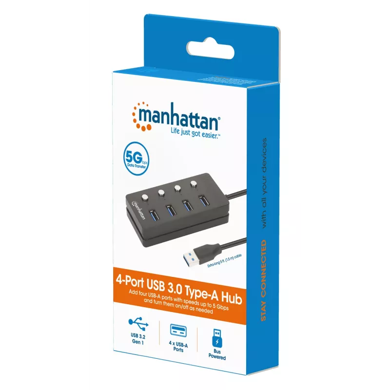 Manhattan 4 prievadų USB 3.0 šakotuvas su USB-C jungtimi ir atskirais jungikliais, 5 Gbps, juodas