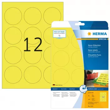 Lipnios etiketės HERMA Neon A4 Ø 60 mm apvalios švytinčiai geltonos 240 vnt.