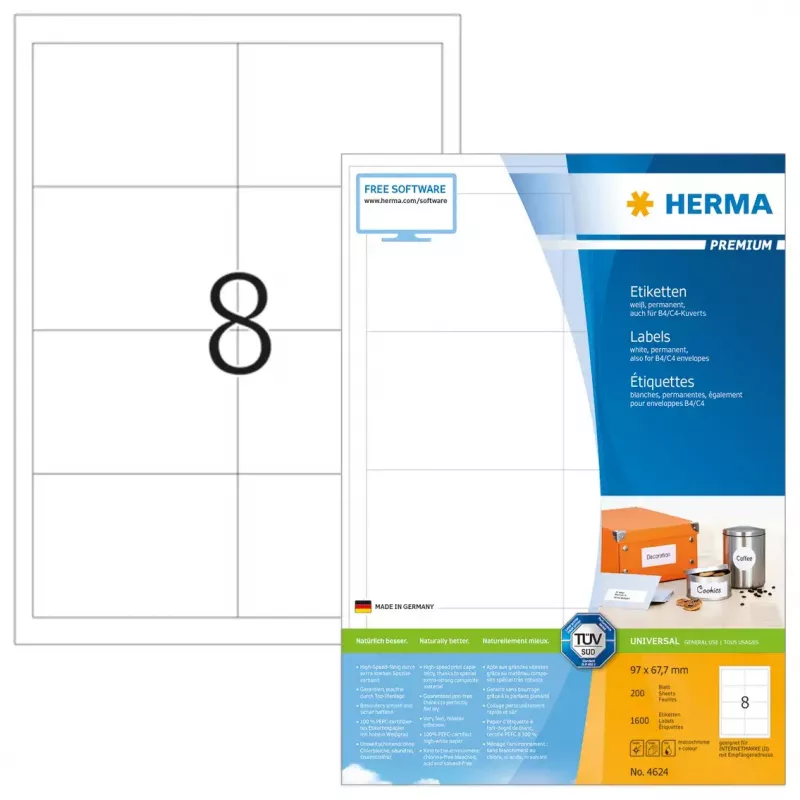 Lipdukai HERMA Premium A4 97x67,7 mm baltas matinis popierius 1600 vnt.