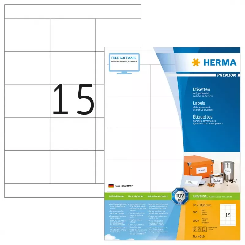 Lipni etiketė spausdintuvui HERMA Labels Premium A4 70x50,8 mm