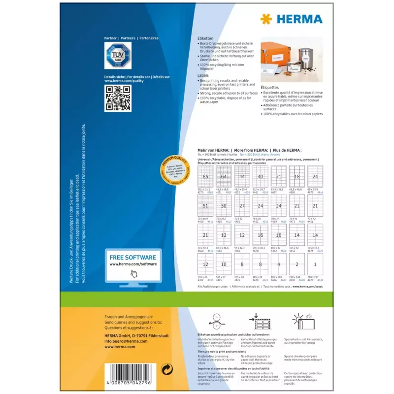 Lipnių etikečių lapas HERMA Labels Premium A4 70x67,7 mm